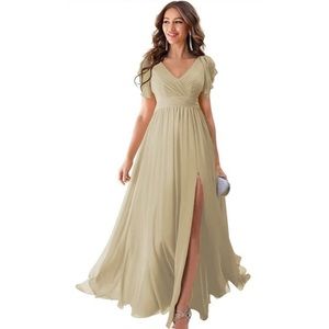 CHAMPAGNE V-Neck Bridesmaid DressLong Simple Chiffon for Women